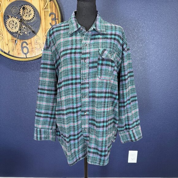 Urban Outfitters BDG Oversized Teal and Purple Plaid Flannel, Medium - Picture 2 of 9